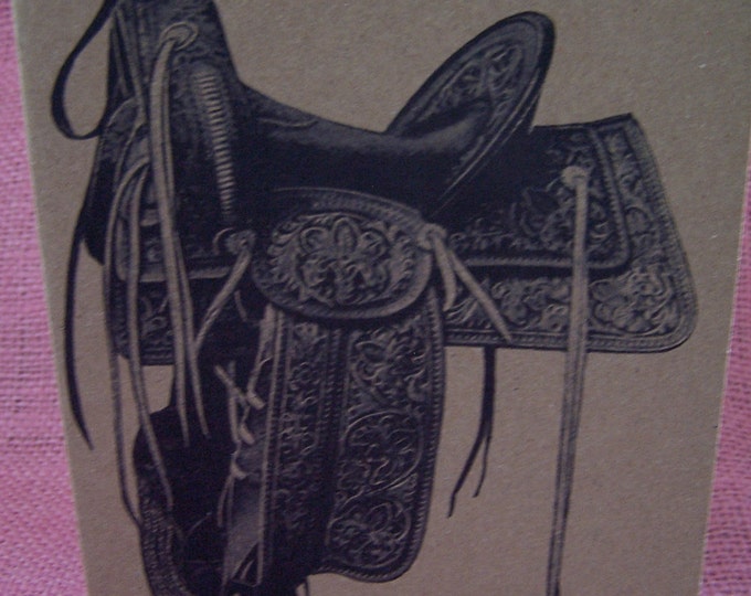 Western Horse Tooled Leather Saddle SET OF ANY 3 Greeting Note Cards Invitations Recycled Kraft Cardstock with matching envelopes 5 x 7"
