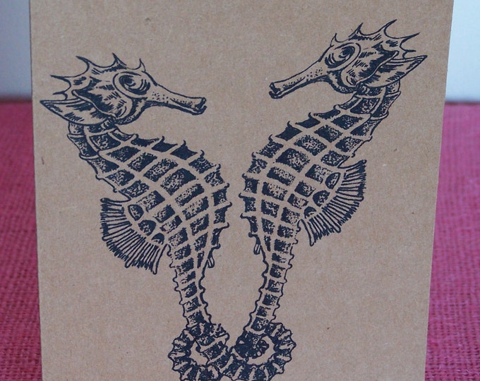 Romantic Seahorses Set of ANY 3 Greeting Note Cards Invitations printed on Recycled Brown Kraft Cardstock with matching envelope 5 x 7"