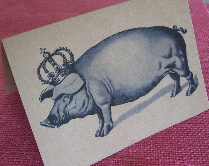 Crowned King Pig with Greeting Note Cards Invitations Brown Recycled Kraft Cardstock with matching envelope 5 x 7"