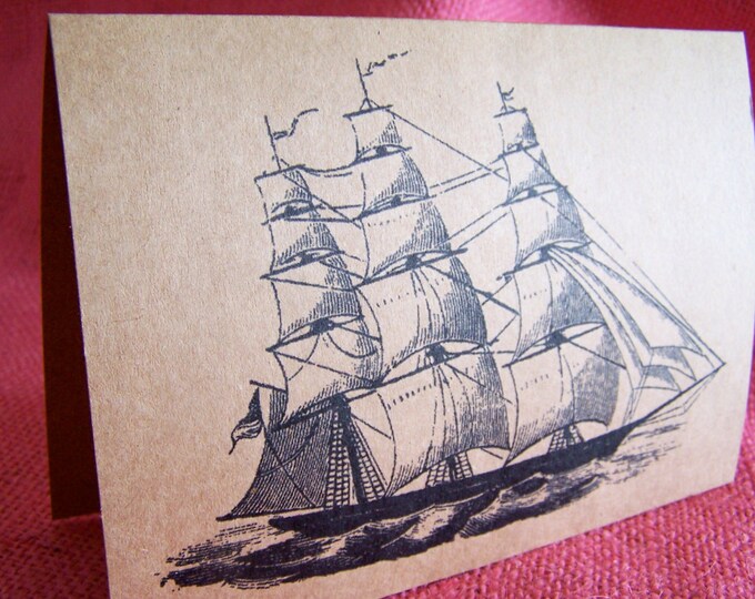 Windjammer Privateer Tall Sailing Ship  Set of ANY 3 Greeting Note Cards Invitations Kraft Cardstock matching envelopes 5 x 7"