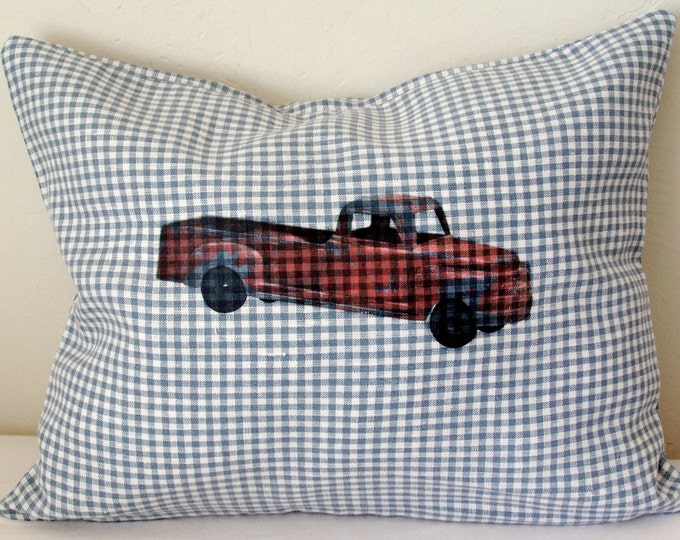 SALE + Ships FREE! Ready To Ship! Little Red Truck Linen Pillow Cover Handmade Cottage Style Blue and  White Check  12 X 16 inches