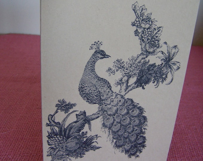 Peacock on Branch SET OF ANY 3 Greeting Note Cards Invitations Brown Recycled Kraft Cardstock with matching envelope 5 x 7"