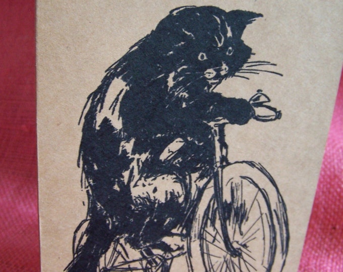Cat Riding Bicycle Set of ANY 3 Greeting Note Cards Invitations Kraft Cardstock matching envelopes 5 x 7"