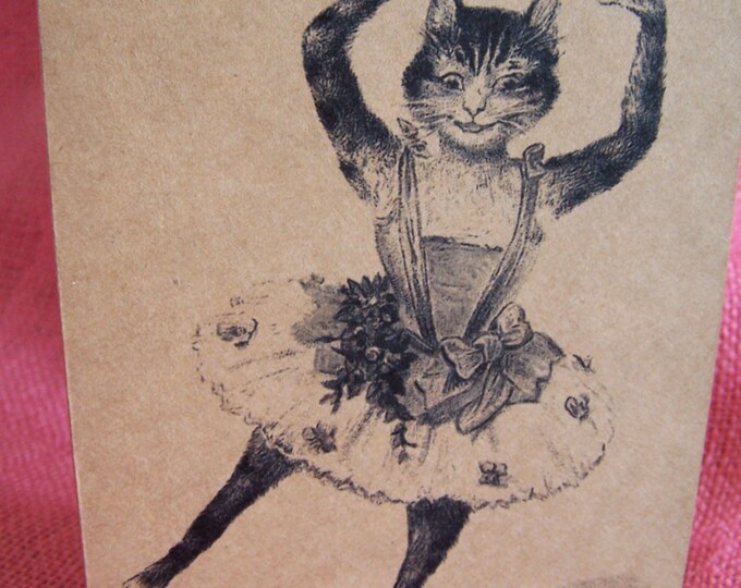Ballerina Cat with TuTu Set of ANY 3 Greeting Note Cards Invitations Kraft Cardstock matching envelopes 5 x 7"