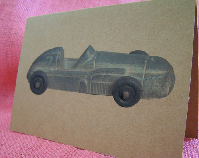 Vintage Metal Toy Race Car Set of ANY 3 Greeting Note Cards Invitation Brown Recycled Kraft Cardstock with matching envelope 5 x 7"