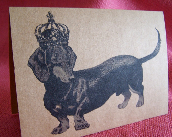 Daschund Dog With Crown  Set of ANY 3 Greeting Note Cards Invitations Kraft Cardstock matching envelopes 5 x 7"
