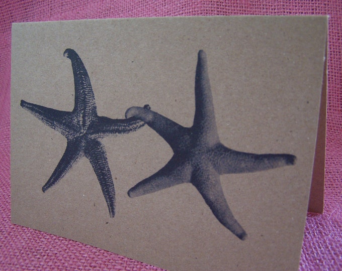Romantic Seastars Starfish Set of ANY 3 Greeting Note Cards Invitation Recycled Brown Kraft Cardstock with matching envelope 5 x 7"