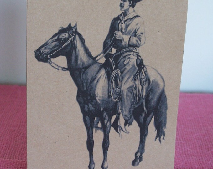 Vintage Cowboy Vaquero on Horse Set of ANY 3 Greeting Note Cards Invitations Recycled Kraft Cardstock with 3 matching envelopes 5 x 7"