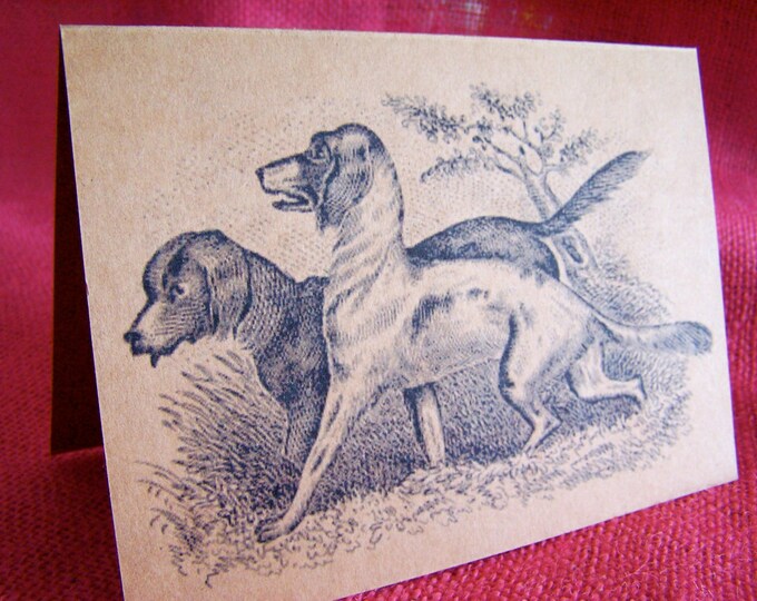Old Vintage Hunting Dogs Scene Set of ANY 3 Note Cards Invitations printed on Kraft Cardstock with matching envelope 5 x 7"