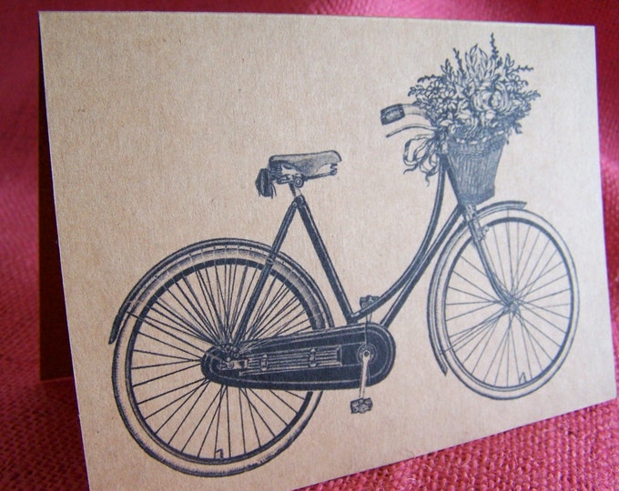 Vintage Bicycle and Basket of Flowers  Set of ANY 3 Greeting Note Cards Invitations Kraft Cardstock matching envelopes 5 x 7"