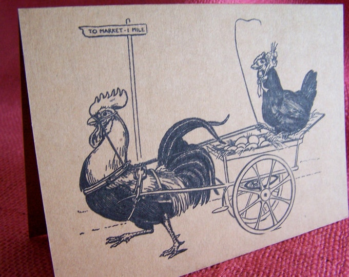 Rooster and Hen Taking Eggs to Market Set of ANY 3 Greeting Note Cards Invitations Kraft Cardstock matching envelopes 5 x 7"