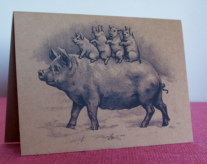 Piggy-Back Piglets on Momma Pig Set of ANY 3 Greeting Note Cards Invitations Recycled Brown Kraft Cardstock with 3 matching envelopes 5 x 7"