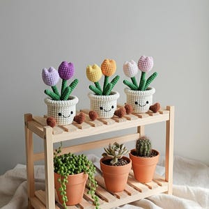 Può includere: Un portapiante in legno espone tre piante di tulipani all'uncinetto in vasi bianchi con facce sorridenti. I tulipani sono viola, gialli e rosa. Sotto ci sono vasi di terracotta con varie piante, tra cui un cactus e una succulenta.