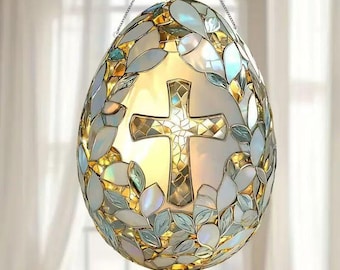 Easter Egg Stained Acrylic Suncatcher, Christian Cross Window Hanging, Easter Holiday Decor, Faith Inspired Art Gift, Spring Home Ornament