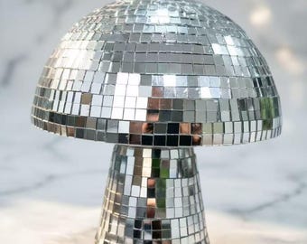 Handmade Mushroom Disco Ball, Mosaic Mirror Ornament with Colorful Sequins, Shiny Tabletop Decor, Cute Resin Figurine, Unique Gift Idea