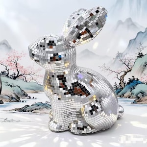 Conejo de espejo navideño hecho a mano, figura de conejo de mosaico con lentejuelas, decoración brillante para bodas, adorno de resina colorido, bonito regalo de mesa.