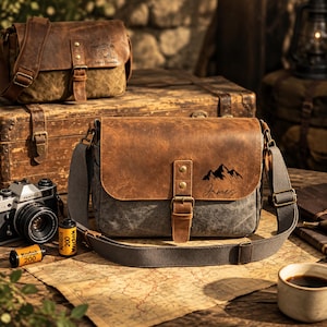 May include: A messenger bag with a dark gray canvas body and a brown leather flap featuring a mountain graphic and the name James. The bag has a brown leather strap closure with brass-colored metal hardware and an adjustable gray fabric shoulder strap.