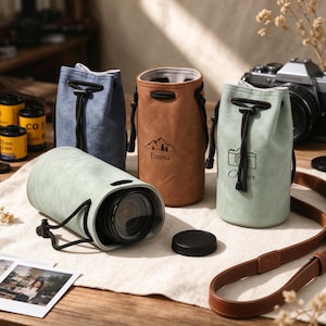 May include: Three cylindrical camera lens pouches in blue, tan, and light green, each featuring a black drawstring closure. The tan pouch is printed with a mountain graphic and the name Emma, while the green pouch displays a camera icon and the name Oliver.