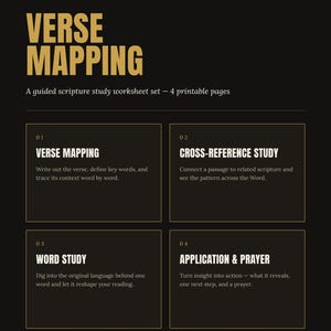 May include: A black printable worksheet set titled Verse Mapping from the Sent Society Scripture Study Series. It features four sections: 01 Verse Mapping, 02 Cross-Reference Study, 03 Word Study, and 04 Application & Prayer, with gold text.