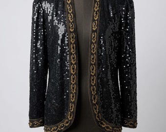 Vintage 80s Jean for Joseph Le Bon Silk Beaded Sequin Jacket Black Gold India
