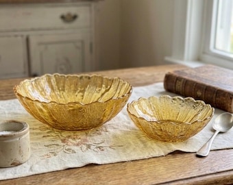 Vintage Amber Glass Serving Bowl & Matching Dessert Bowl Set Scalloped Floral Pressed Glass Mid Century Home Decor