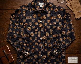 Vintage Christian Dior Silk Blouse Black Gold Geometric Print Size 8 Mother of Pearl Buttons 90s Designer Shirt