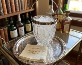 Vintage Cut Glass Ice Bucket Silver Tone Handle Mid Century Barware Crystal Style Ice Pail Entertaining Decor