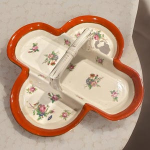 Vintage Japan Relish Tray Divided Candy Dish Floral Orange Trim Handle