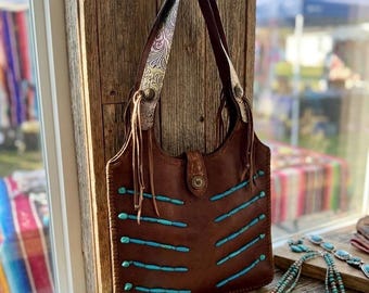Vintage Boho Western Leather Bag Turquoise Beaded Fringe Purse Tooled Strap Y2K Shoulder Bag