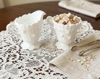 Vintage Milk Glass Creamer Sugar Set White Floral Embossed Pedestal Cottage Decor
