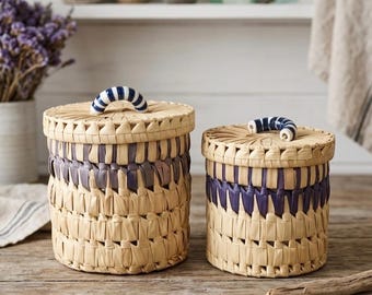 Vintage Handwoven Nesting Basket Set Ceramic Handles Blue Raffia Lidded Storage