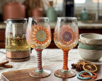 Hand Painted Boho Wine Glasses, Beaded Stem Mandala Set – Eclectic Decor