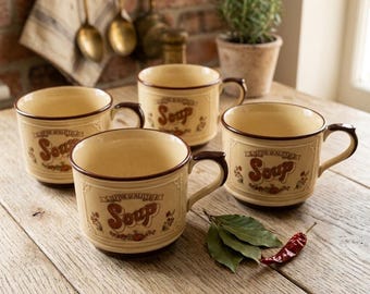 Set of 4 Vintage Asake Japan Soup Mugs: Cream Brown Stoneware Cottagecore Kitchen
