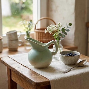 May include: A light green ceramic pitcher with a rounded body and a curved handle, positioned next to a small speckled bowl filled with blueberries, a silver spoon, and a clear glass vase containing white flowers and green eucalyptus leaves.