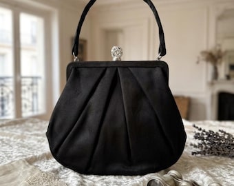 Vintage Dofan Black Velveteen Evening Bag with Rhinestone Clasp & Mirror Coin Purse