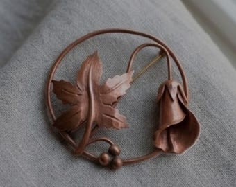 Vintage Copper Floral Brooch | Leaf Bud Artisan Jewelry, Nature-Inspired Boho Pin