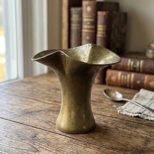 Vintage Brass Basket Vase Repurposed Metal Vessel Rustic Decor Flared Rim Bowl Handmade Look