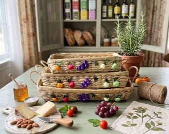 Wicker Fruit Trays Set of 3, Rattan Serving Baskets, Farmhouse Kitchen Decor