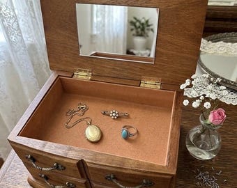 Vintage Wooden Jewelry Box with Mirror, Cedar Lined Drawers, 1970s Dresser Organizer