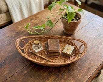 Vintage Rattan Oval Tray Woven Wicker Serving Basket Boho Farmhouse Decor