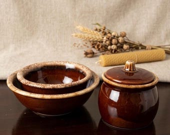 Vintage Hull Brown Drip Glaze Kitchen Set Bowls + Lidded Sugar Bowl Farmhouse Decor