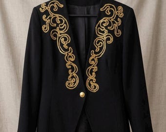 Vintage Black Blazer Gold Embroidery ILGWU USA Ornate Statement Jacket Size 12