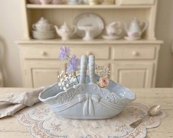 Vintage Hispania Daisa Porcelain Basket Dish Spain 1950s Floral Relief White Ceramic Serving Bowl