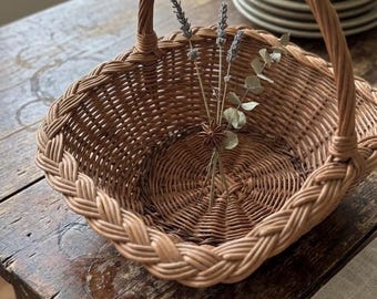 Vintage Wicker Basket with Handle Rustic Farmhouse Flower Basket Handwoven Decorative Storage Cottage Decor