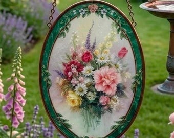 Lena Liu Remembrance Suncatcher – Vintage Floral Glass Window Hanging, Pink Roses Daisies Victorian Style
