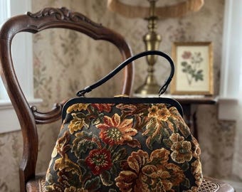 Vintage Floral Tapestry Handbag Carpet Bag Frame Purse Fall Tones Structured Top Handle