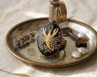 Vintage Intaglio Style Lobster Ring Black Glass Gold Statement Adjustable Nautical Natural History Jewelry