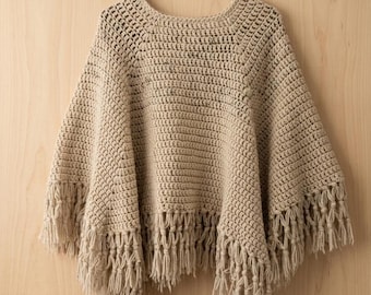 Boho Crochet Fringe Poncho Wrap Neutral Knit Shawl Oversized Layering Piece