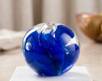 Hand Blown Art Glass Paperweight Blue Swirl Iridescent Orb Vintage Decor