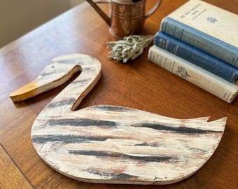Vintage Hand-Painted Wooden Swan Wall Decor – Rustic Folk Art Lakehouse Accent
